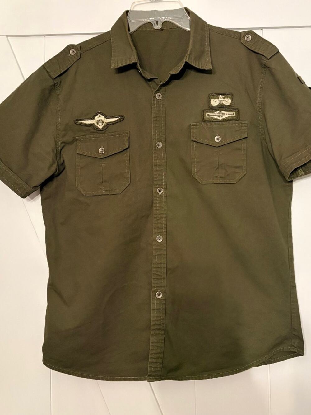 Original Marines Boys Size L Military Patch Short Sleeve Shirt Olive Green